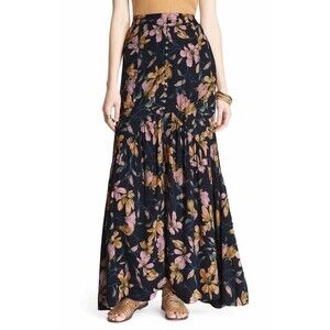 Free People "Smooth Sailing" Button Front Maxi Skirt Black Pink Floral Sz 4 EUC!
